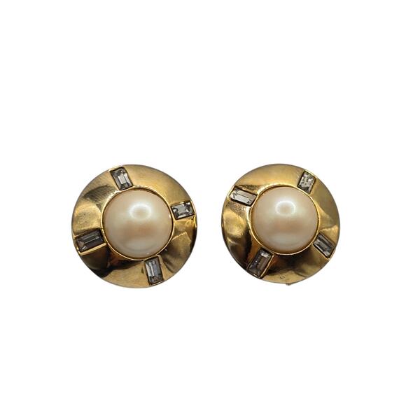 Imitation Pearl Earrings Baguette Rhinestones Round Dome Vintage Clip On - Picture 3 of 9